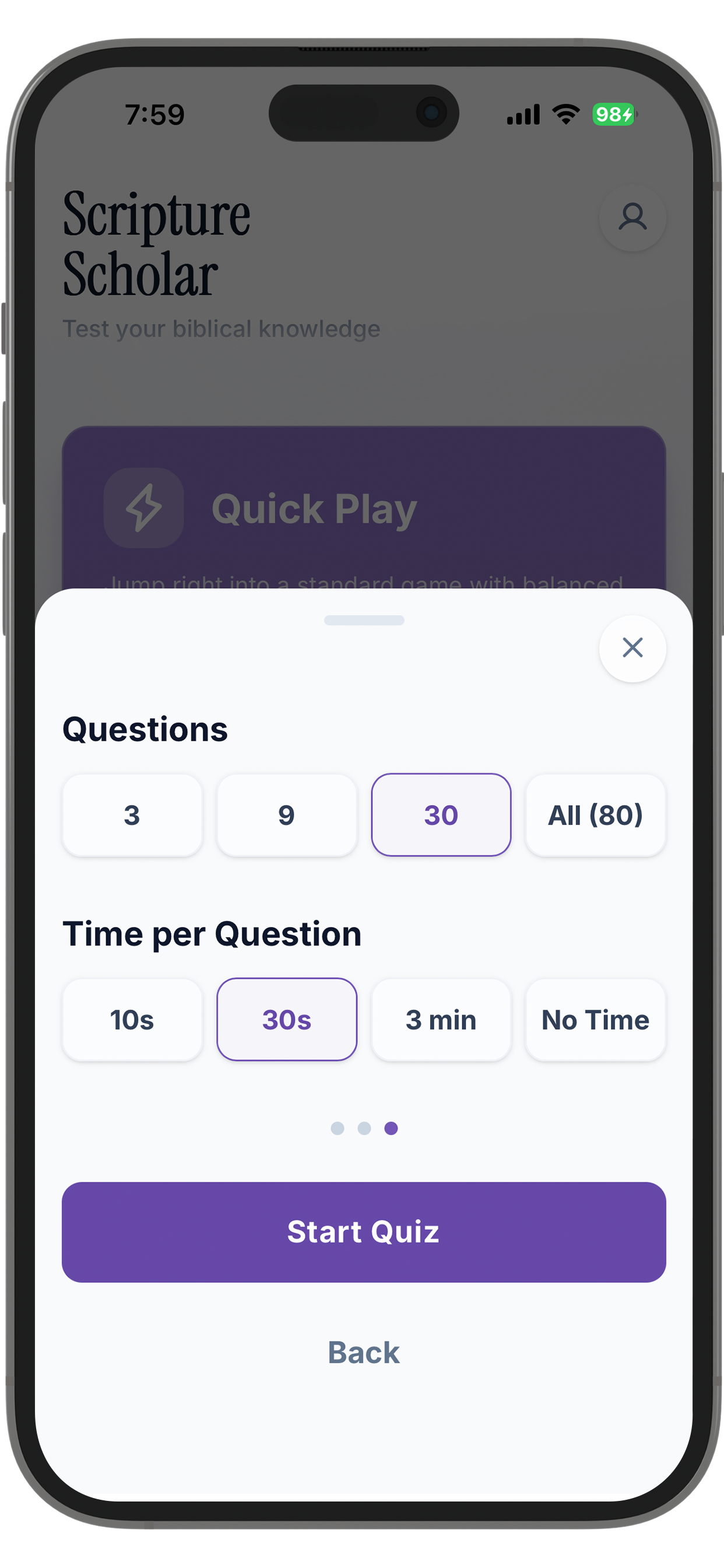 Scripture Scholar Quiz Settings - Customize Your Learning