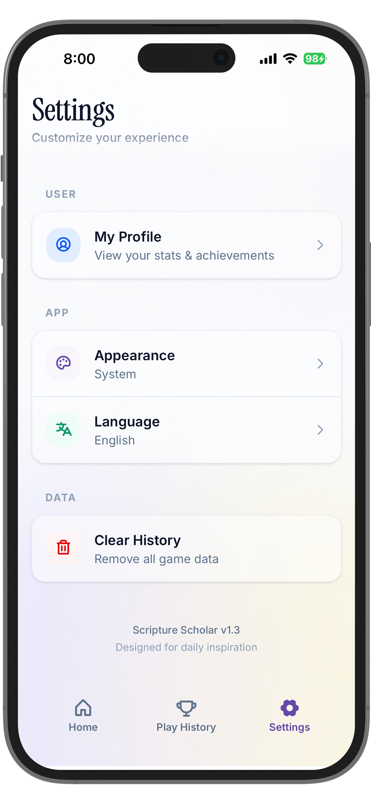 Scripture Scholar Settings - Personalize Your Experience